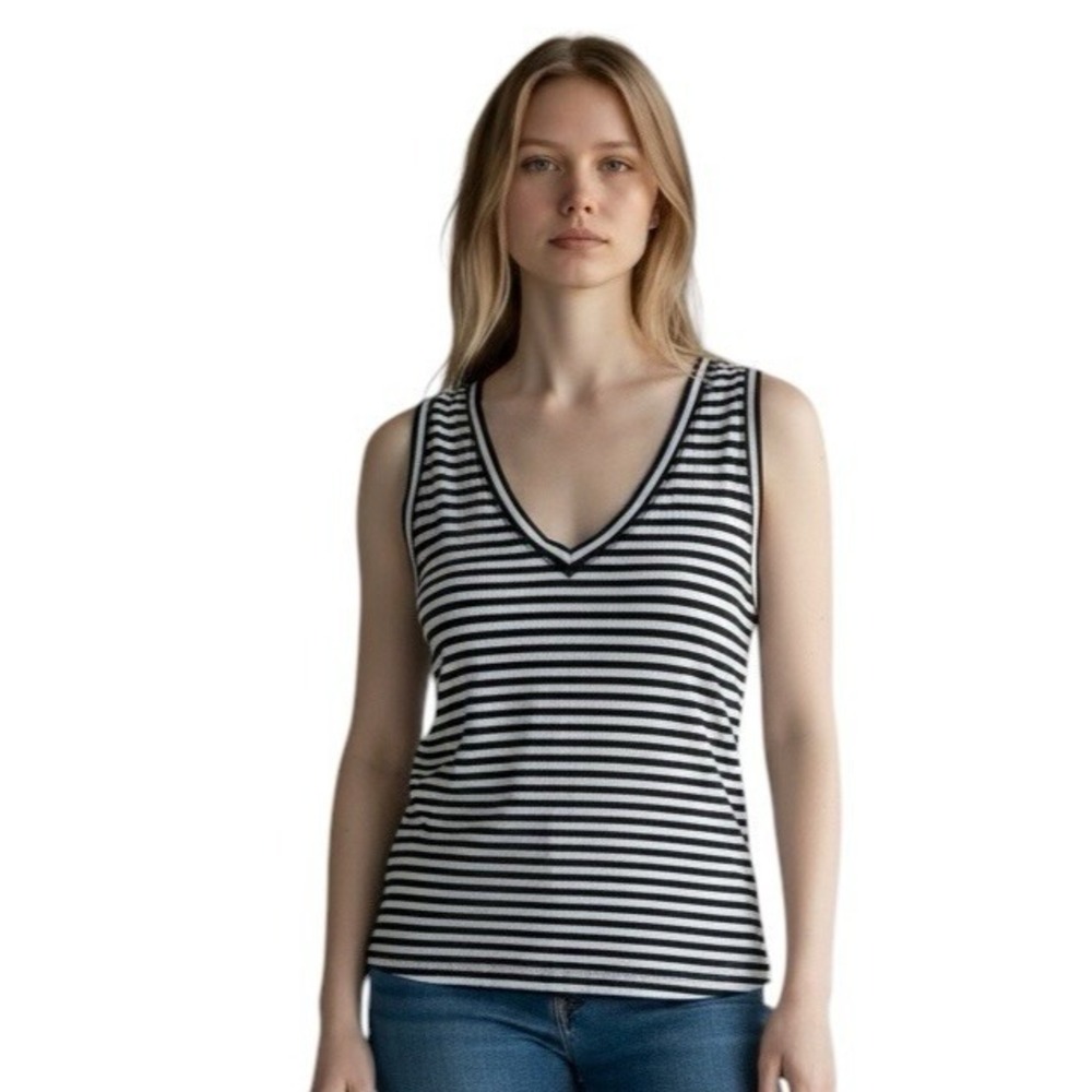 Madewell Women's XXS Slub V Neck Tank Top 100% Pima‎ Cotton B&W Striped NWT